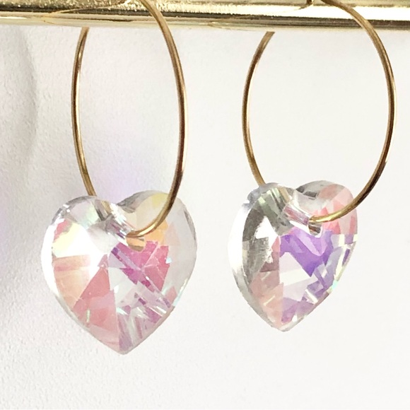 New Handmade Sparkling Dangling Crystal Heart Hoop Earrings Lightweight Elegant - Picture 8 of 8